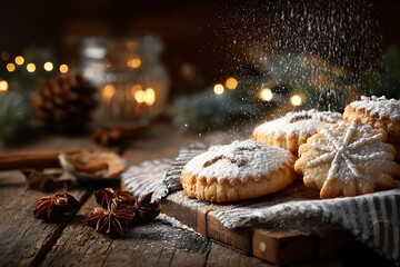 Star-shaped cookies and Christmas trees are arranged on a wooden table, with powdered sugar and festive decorations.