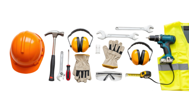 Construction Safety Gear and Tools Arranged Neatly Isolated On a transparent Background - Powered by Adobe