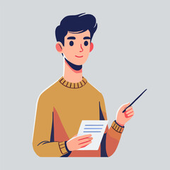 Flat illustration of a man in a sweater presenting a document