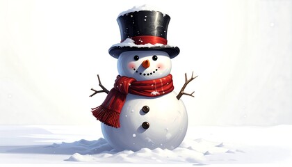 Fototapeta premium A festive snowman with a black top hat, red scarf, and twig arms stands in snow against a white backdrop, evoking holiday cheer