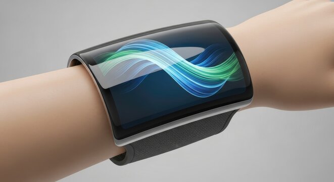 Wrist wearable technology device with wavy light pattern display on arm
