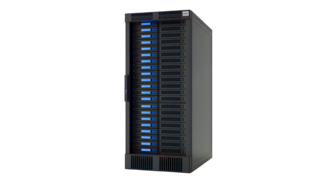 Modern server rack unit with glowing blue led lights indicating activity isolated on transparent background