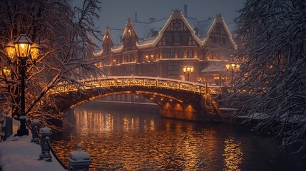 Enchanting Winter Wonderland in Strasbourg France Canal Illuminated by Festive Lights