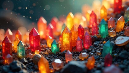 Crystal Shard Migration A dense forest composed entirely of translucent crystals. Thousands of small, sharp crystal shards, like a migrating flock of birds, are floating and moving in a cohesive swarm