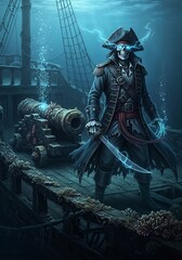 Naklejka premium Pixelated Skeleton Pirate Captain With Glowing Blue Eyes On A Sunken Ship Deck