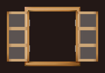木製の窓のイラスト素材。扉が開いている状態。ベクターイラスト。