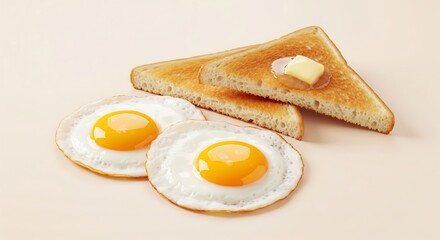 Fototapeta premium Two fried eggs with golden yolks and buttered toast triangles on a