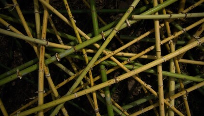Abstract patterns created by overlapping bamboo leaves and stems, emphasizing geometric shapes and light. An abstract, geometric composition formed by artfully arranged overlapping bamboo stems and
