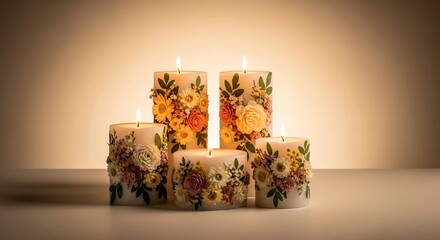 Five lit pillar candles decorated with dried flowers and greenery soft