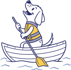 Happy Dog Cartoon Paddling Canoe with Life Vest Funny Summer Boating Graphic