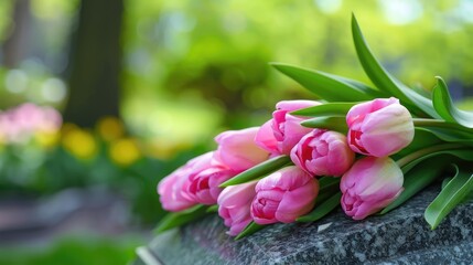 Pink Tulips Resting Gracefully on a Tombstone Surrounded by Lush Greenery and Beautiful Blooms in a Serene Cemetery Setting