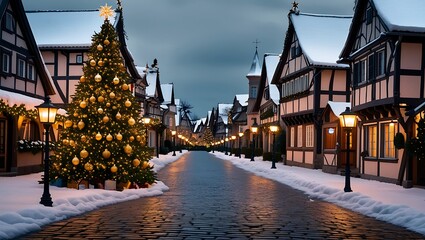 Festive Christmas Village Street with Decorated Tree and Snowy Cobblestone Road