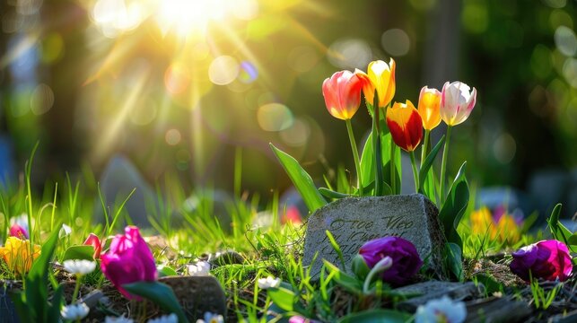 Colorful Tulips Surrounded by Soft Green Grass and Sunlight in a Serene Outdoor Setting