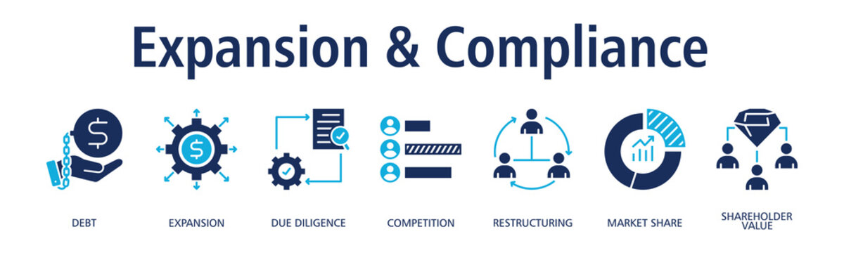 Expansion & Compliance banner web icon vector illustration concept with icon of debt, expansion, due diligence, competition, restructuring, market share, shareholder value
