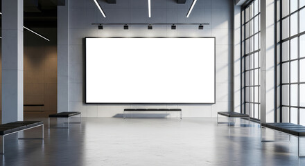 Modern Art Gallery Exhibition Space With Large Blank Screen and Rows of Benches