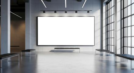 Modern Art Gallery Exhibition Space With Large Blank Screen and Rows of Benches