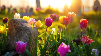 Vibrant Tulips Blooming in a Serene Cemetery with a Glowing Sunset Background