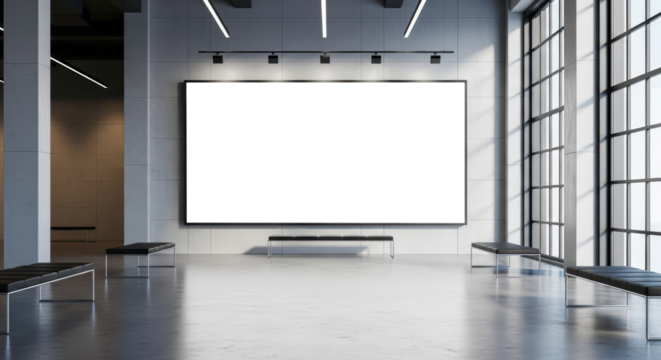 Modern Art Gallery Exhibition Space With Large Blank Screen and Rows of Benches