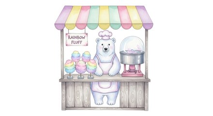 Rainbow cotton candy stand with polar bear chef illustration sweet treat fluffy dessert confectionary art