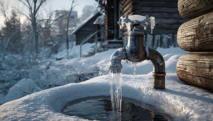 Frozen faucet with water flowing in a snowy winter scene representing cold weather