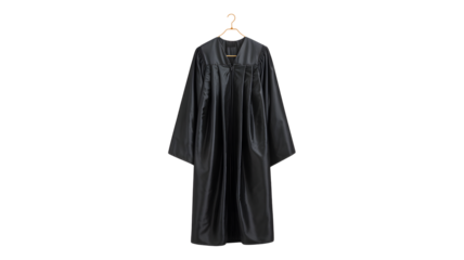 Elegant black graduation gown with cap and tassel hanging on a hanger isolated on transparent background