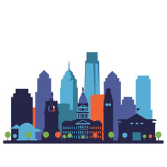 Obraz premium A vibrant and clean 2D flat design vector illustration of the iconic Philadelphia city skyline, showcasing its famous colorful buildings on a bright, plain white background.