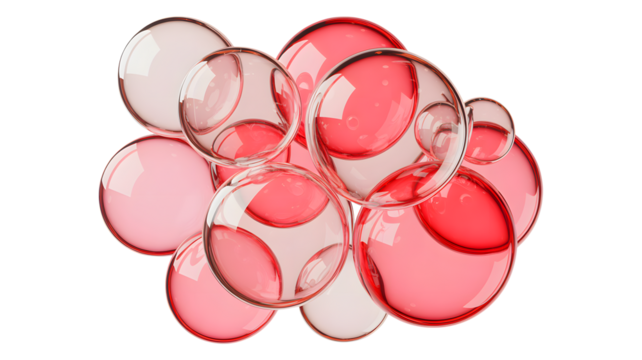 Abstract cluster of translucent pink and red oval shapes with glossy reflections isolated on transparent background