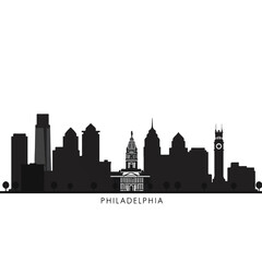 A striking minimalist 2D vector illustration captures the iconic Philadelphia skyline, showcasing distinctive urban buildings silhouetted against a clean, plain white background.