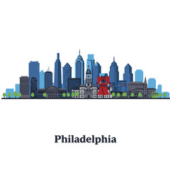 Naklejka premium Iconic Philadelphia skyline is depicted in a clean 2D flat vector illustration, showcasing its famous skyscrapers set against a plain white background.