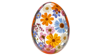 Beautiful easter egg filled with colorful dried flowers and petals isolated on transparent background
