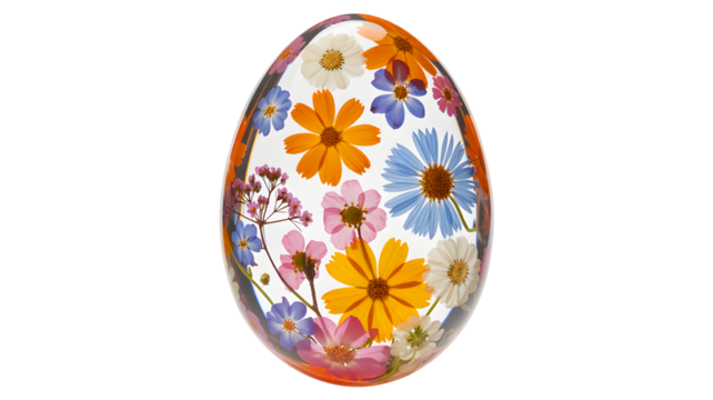 Beautiful easter egg filled with colorful dried flowers and petals isolated on transparent background