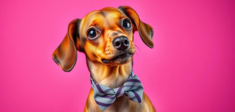 A dapper dachshund in a tiny bow tie, striking a playful pose, wirehaired dachshund, pet photography