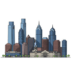 Obraz premium A striking flat 2D vector illustration of the iconic Philadelphia skyline, featuring towering skyscrapers prominently displayed against a clean, plain white background.