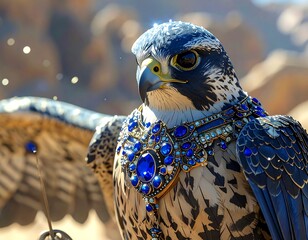 A majestic bird of prey adorned with gems, desert backdrop