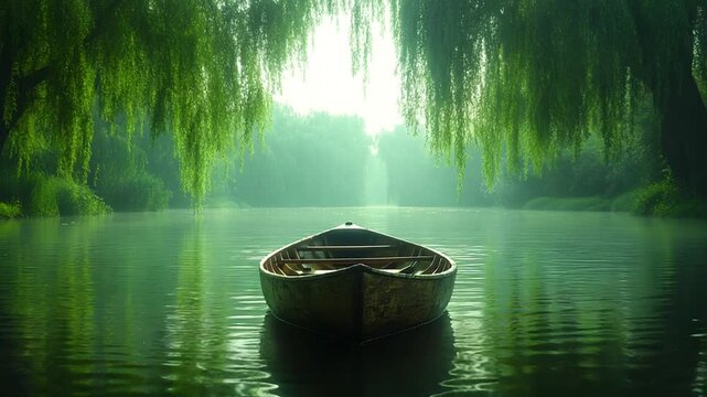 Serene boat floating on calm river under willows