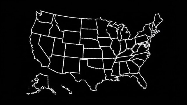 Dynamic Chalkboard Animation: United States Map Outline Hand-Drawn Revealing All States on Black