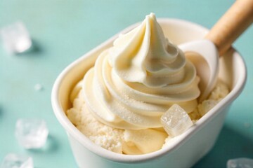 Ice Crystals Forming on a Vanilla Ice Cream Carton in a Freezer An extreme close up, macro shot focusing on the textured surface of a vanilla ice cream carton. Intricate frost patterns and delicate