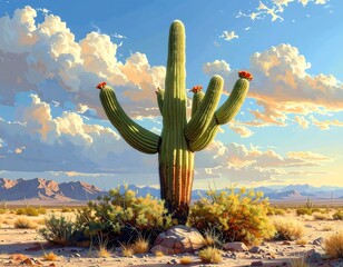 A majestic desert cactus blossoms beneath a vast sky of painted clouds