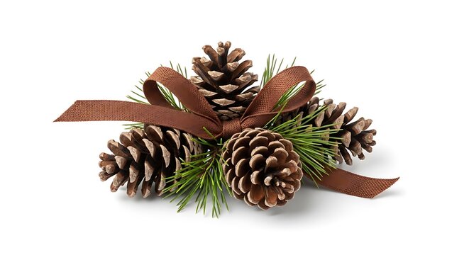 A decorative arrangement of pine cones and evergreen sprigs tied with a brown ribbon.