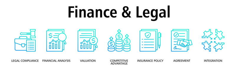 Finance & Legal banner web icon vector illustration concept with icon of legal compliance, financial analysis, valuation, competitive advantage, insurance policy, agreement
