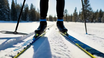 Closeup of crosscountry skiers boots and skis on a snowy track - Powered by Adobe