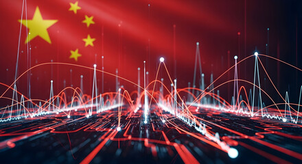 Digital Data Visualization and Analysis in China with Red Background Representing Technological Growth and Future Innovations