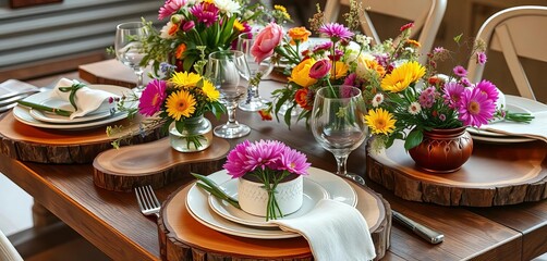 Rustic wood chargers, mismatched china, wildflowers, whimsical cutlery,  floral,  china