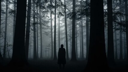 Mysterious figure stands alone in a dark, foggy forest at dusk - Powered by Adobe