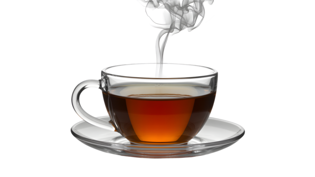 A clear glass mug filled with hot amber tea and wisps of steam rising from the surface isolated on transparent background