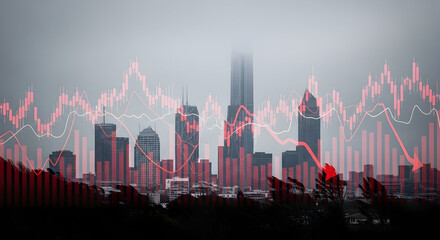 Foggy City Skyline with Overlayed Stock Market Graph Representing Financial Trends and Economic Analysis in a Modern Urban Environment
