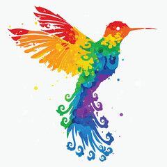 Fototapeta premium A stunning watercolor depiction of a hummingbird in full flight, its feathers bursting with a rainbow of colors. Delicate, swirling patterns adorn its tail, creating a captivating visual.