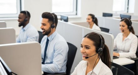 Call center employees working in a modern office environment.