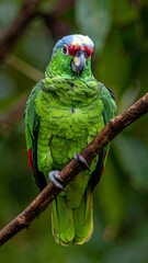 A colorful parrot perches on a branch. Its vibrant green feathers contrast with blue and red accents. It's facing the camera