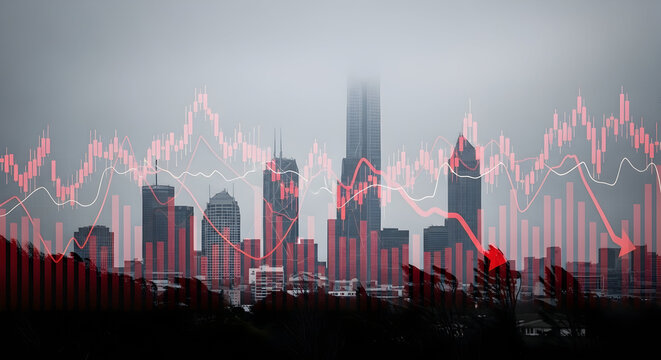 Foggy City Skyline with Overlayed Stock Market Graph Representing Financial Trends and Economic Analysis in a Modern Urban Environment